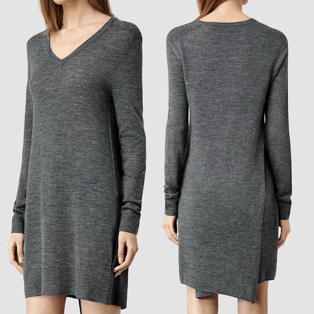 Allsaints 100% Merino Wool Sweater Dress Knit Size 2 Wasson Long Sleeve Minimal